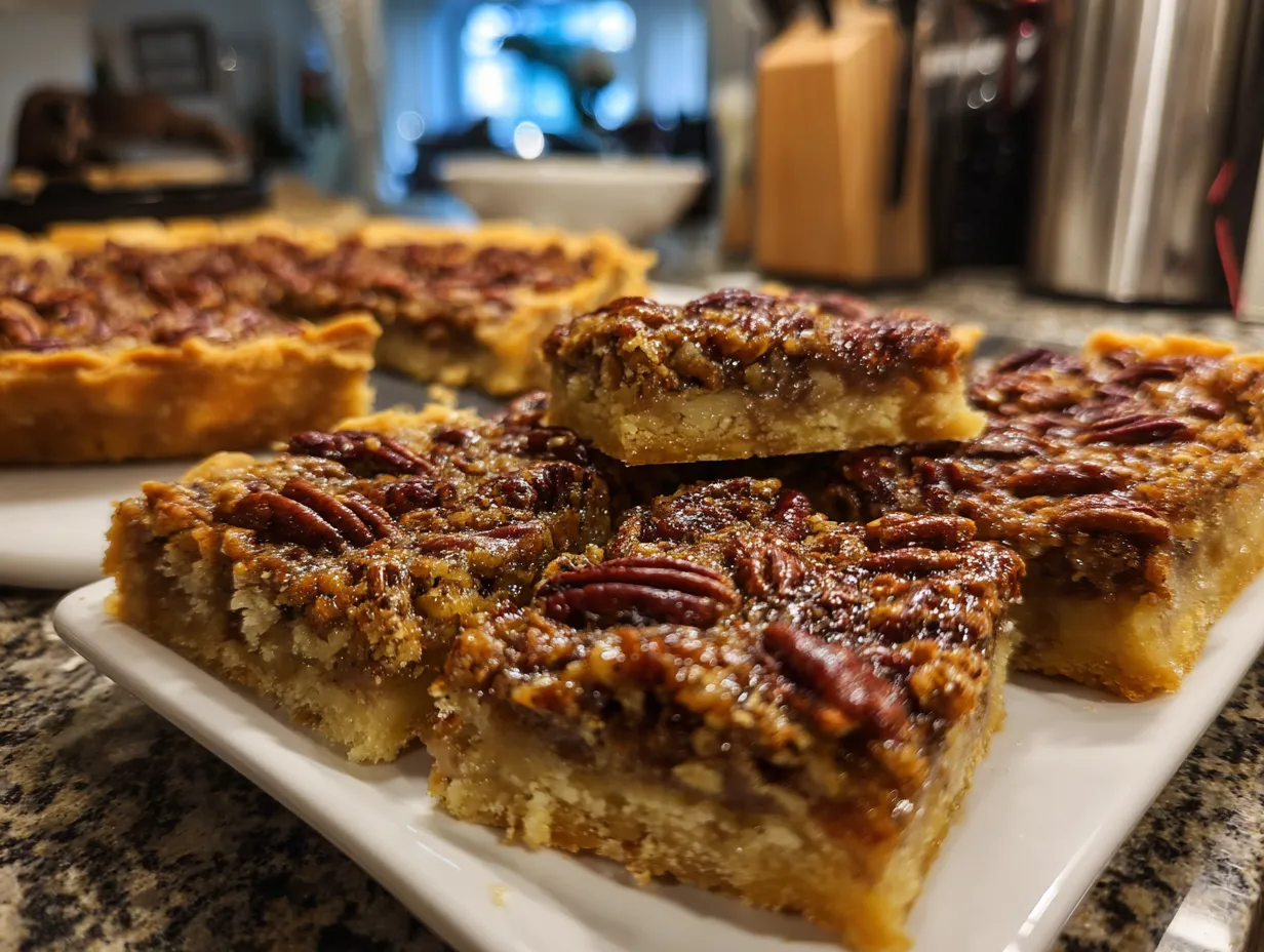 Finished Southern Pecan Pie Bars: Golden brown bars arranged on a serving platter