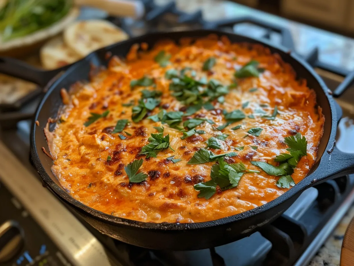Finished Spicy Buffalo Chicken Dip on a kitchen counter, bubbly and golden brown, served with tortilla chips