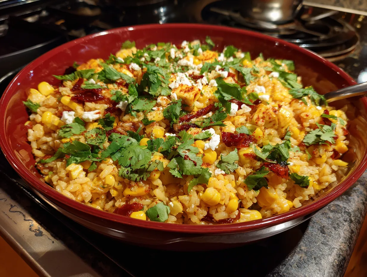 Finished Spicy Mexican Street Corn Chicken Rice Bowl on a kitchen counter, ready to eat