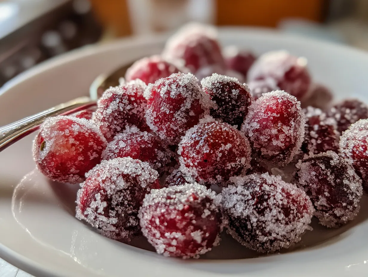 Finished sugared cranberries piled on a decorative plate