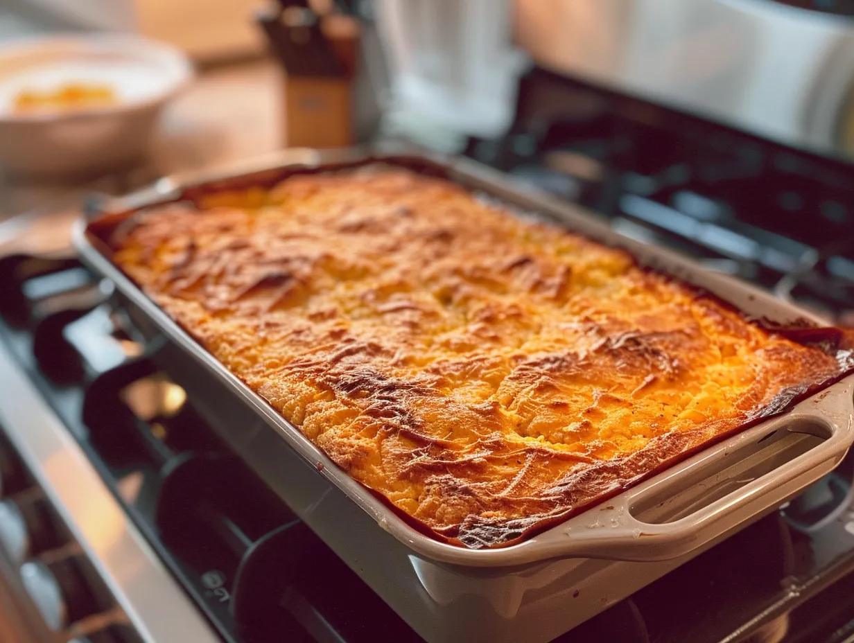 Finished Sweet Corn Spoonbread Casserole on a stove, showcasing its golden-brown top and creamy texture.