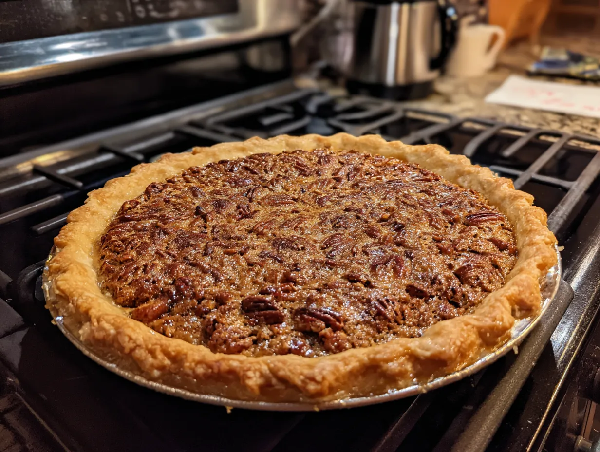 A delicious, finished Texas Chocolate Pecan Pie with a golden-brown crust, ready to be served.