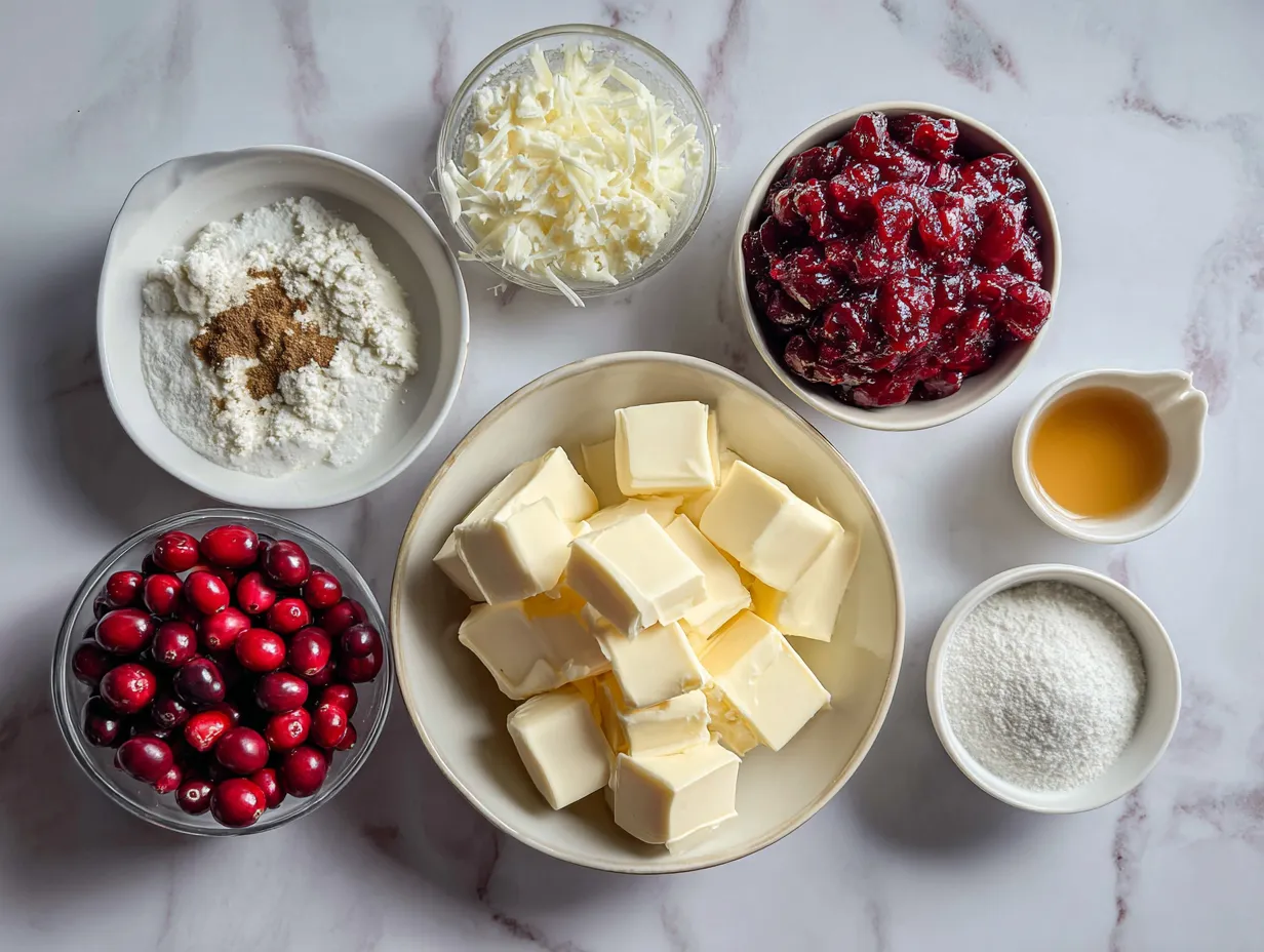 Fresh ingredients including cream cheese, cranberries, and jalapenos for making Cranberry Jalapeno Cream Cheese Dip