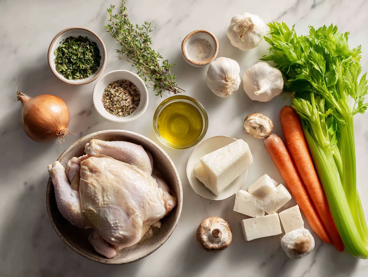 Fresh ingredients including chicken, stuffing mix, cream of chicken and mushroom soups, chicken broth, and spices for making Crockpot Chicken and Stuffing