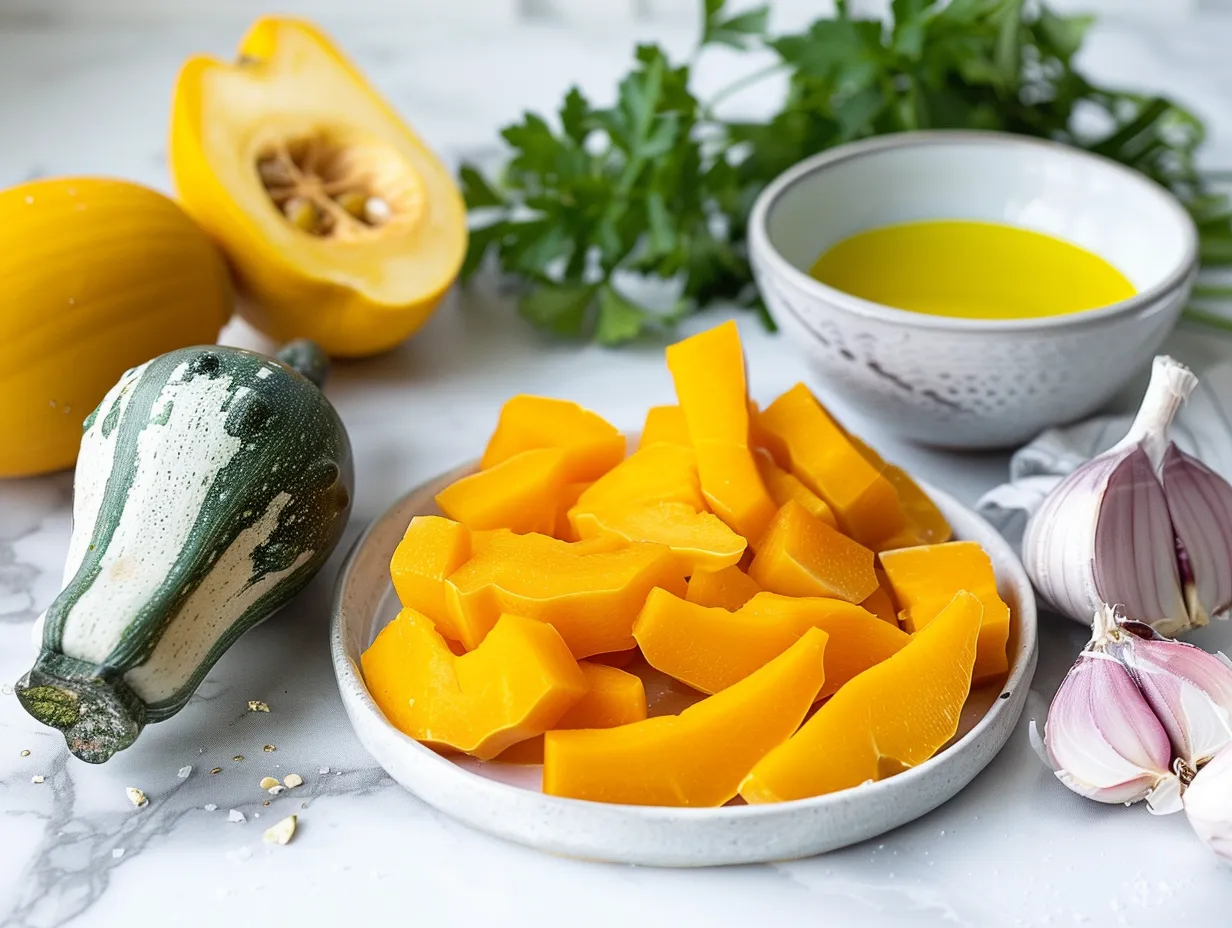 Fresh yellow squash, onion, and other ingredients for Southern Squash Casserole