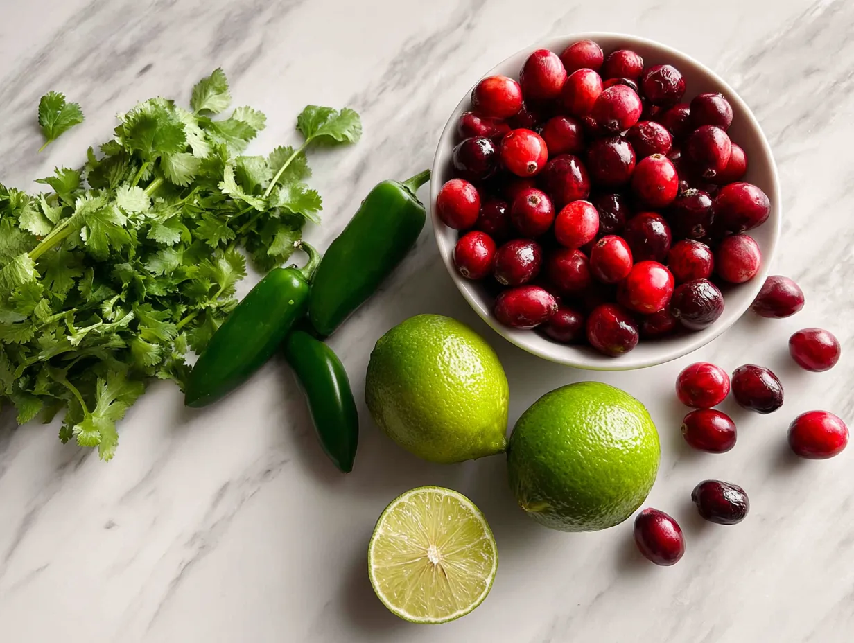 Fresh ingredients including cranberries, jalapenos, cilantro, and red onion for making spicy cranberry salsa