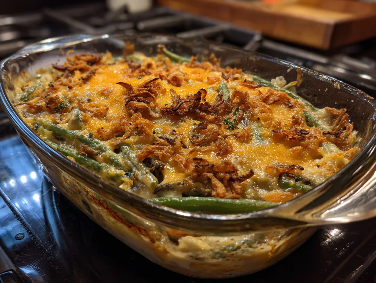 Finished Garlic Parmesan Green Bean Casserole, golden brown and bubbly.