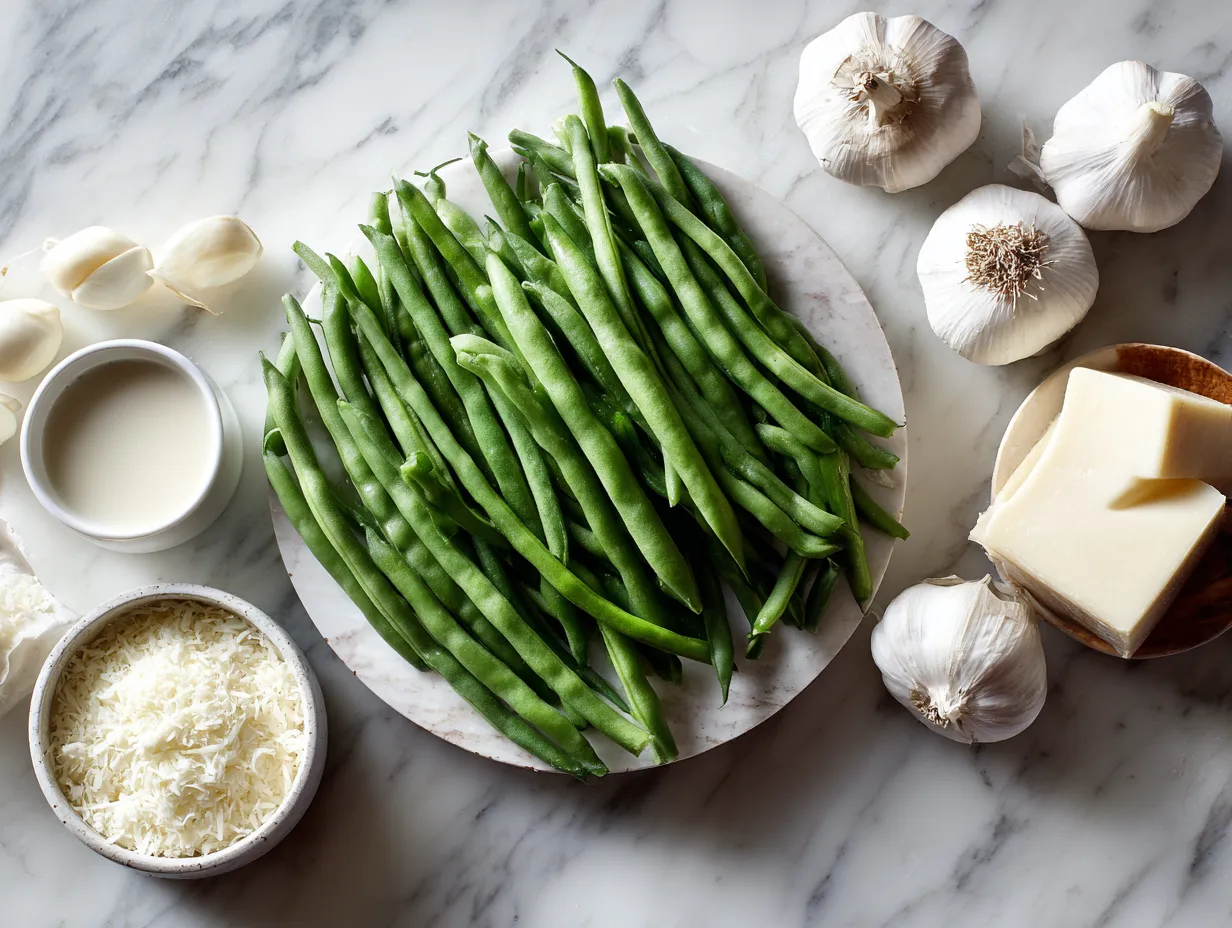 Raw ingredients for Garlic Parmesan Green Bean Casserole, including fresh green beans, garlic, Parmesan cheese, and Panko breadcrumbs.