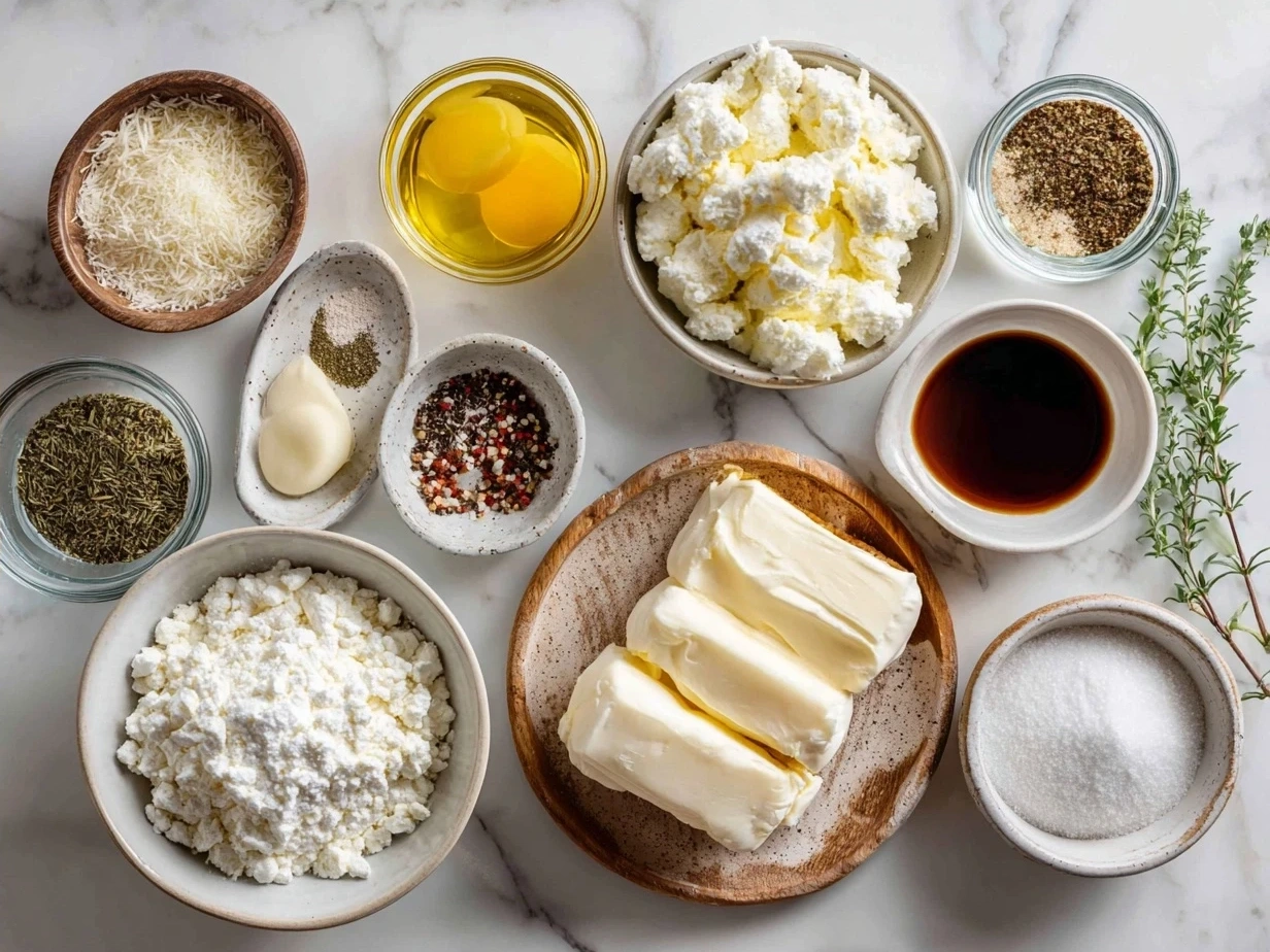 Ingredients for Garlic Bread Wreath with Baked Brie: brie cheese, Italian bread dough, garlic, olive oil, parsley, rosemary, salt, pepper, egg, and sesame seeds