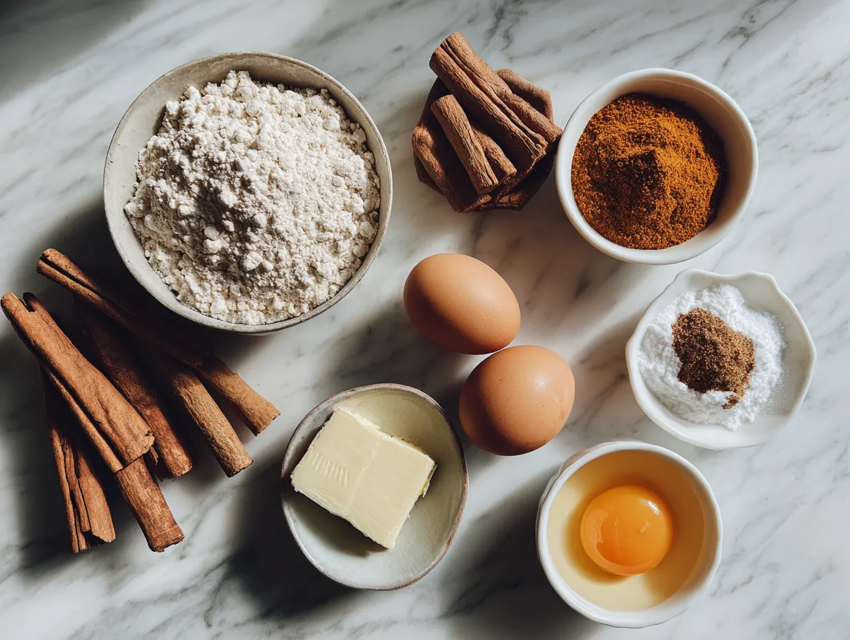 Gingerbread cookies ingredients laid out on a wooden surface