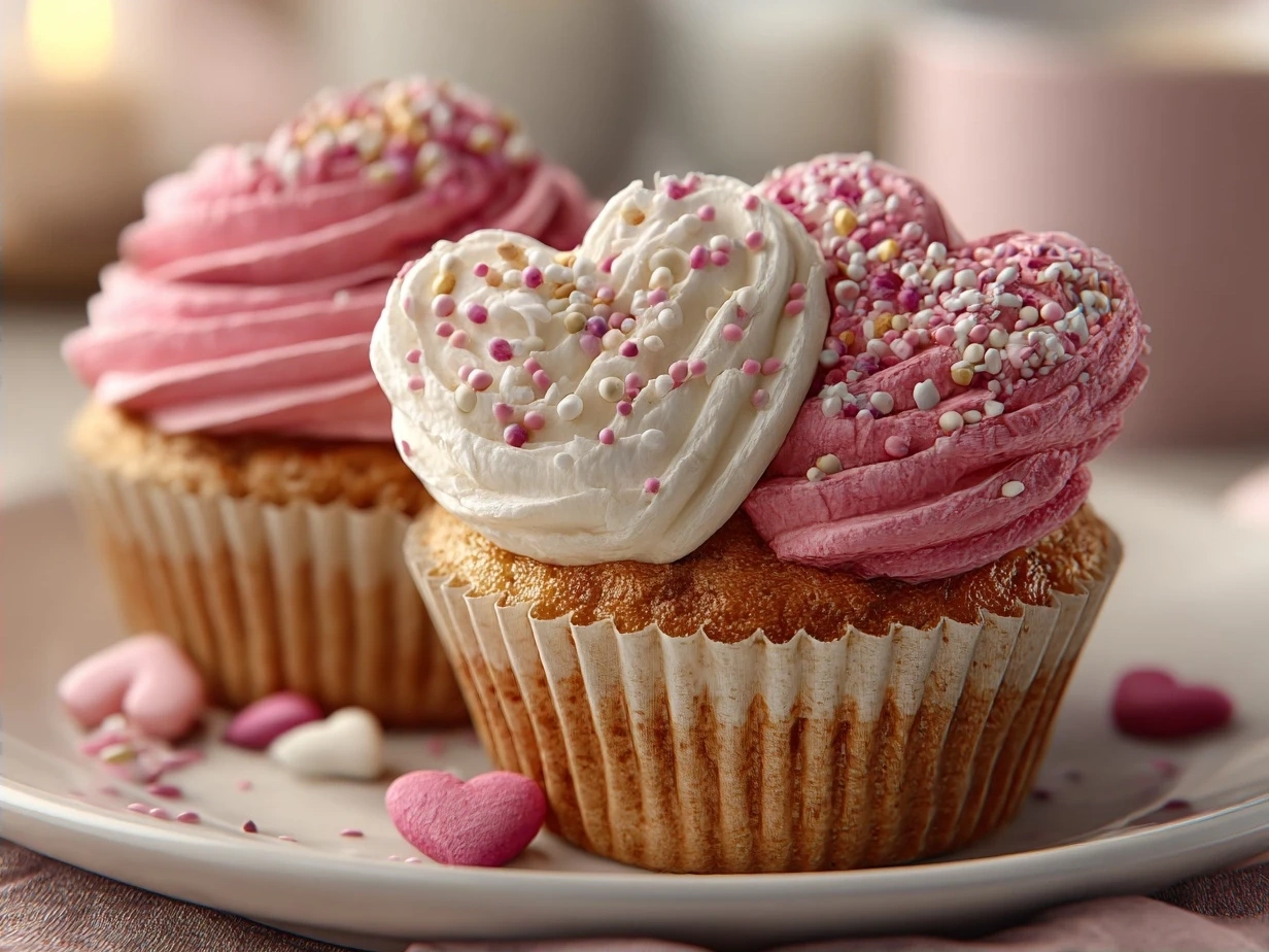 Heart-shaped cupcakes decorated with frosting and sprinkles.