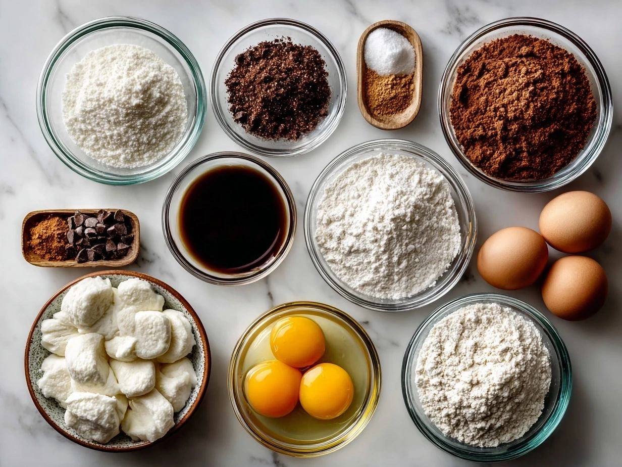 Ingredients for Heart-Shaped Cupcakes including flour, sugar, butter, eggs, and red food coloring.