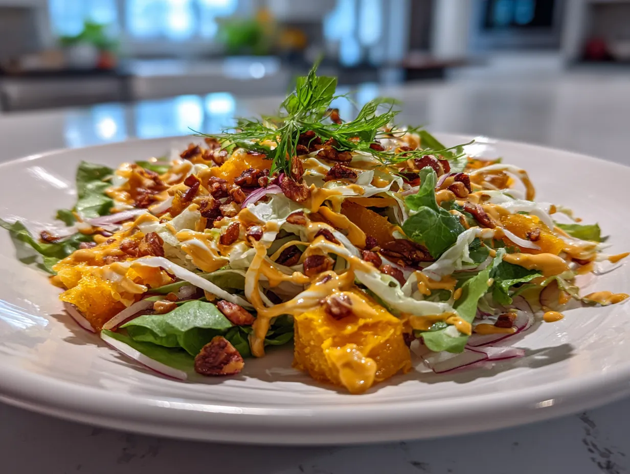 Finished Christmas Salad with Honey Mustard Dressing, a vibrant and delicious holiday side dish.