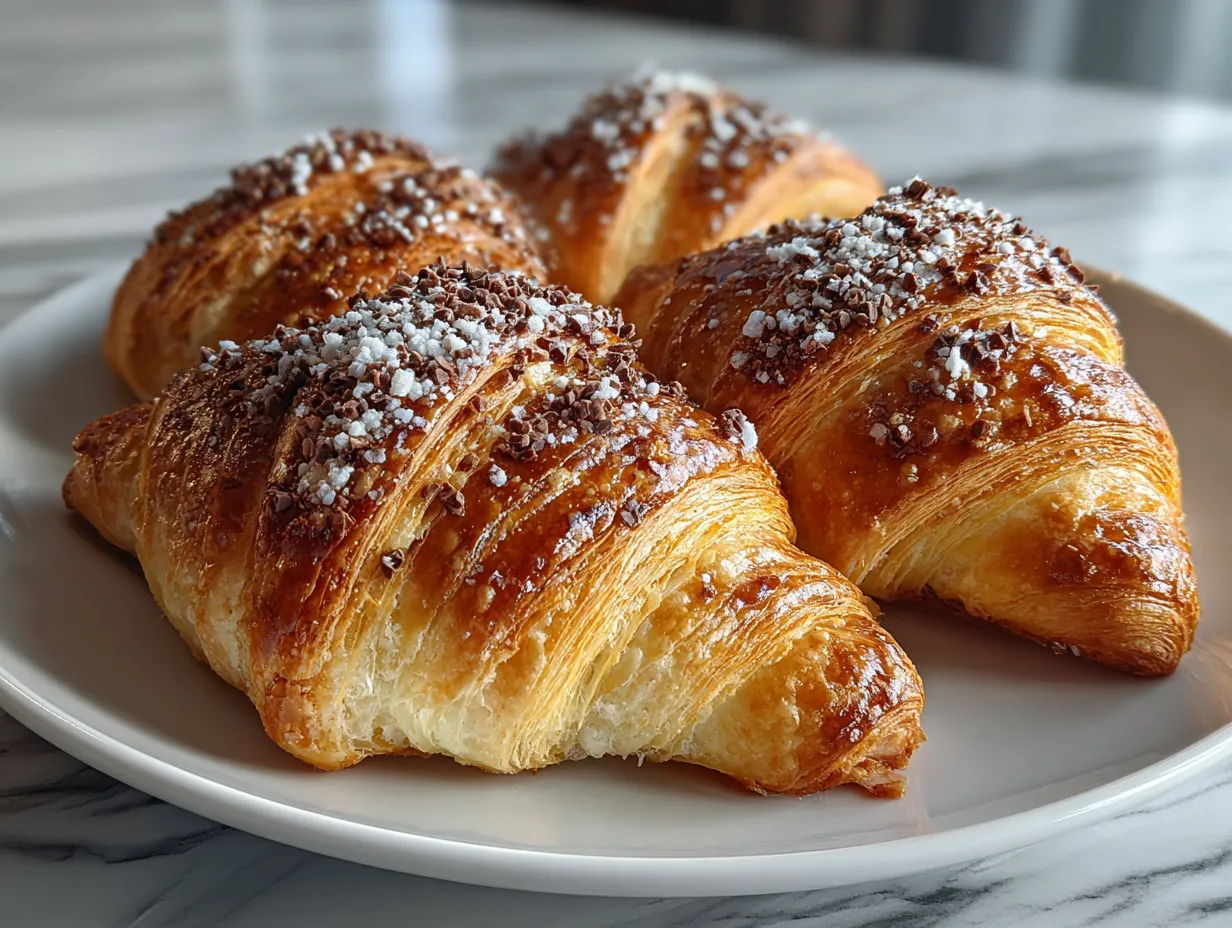 Golden brown Homemade Chocolate Croissants cooling on a wire rack.
