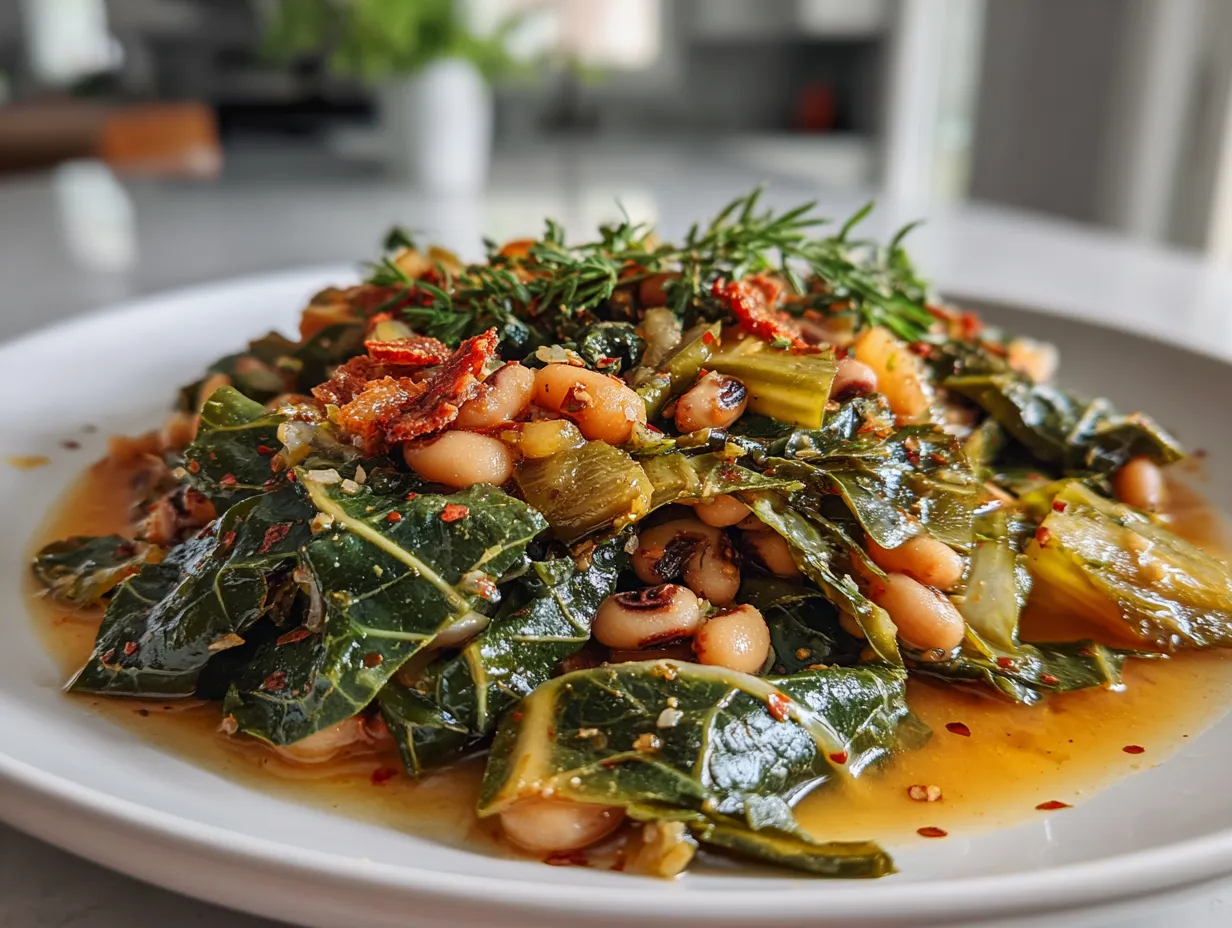 Finished Southern Black-Eyed Peas with Collard Greens dish