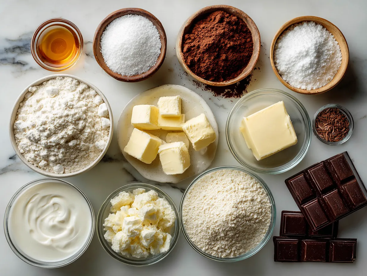 Ingredients for Homemade Chocolate Croissants including flour, sugar, salt, yeast, milk, water, butter, and chocolate.
