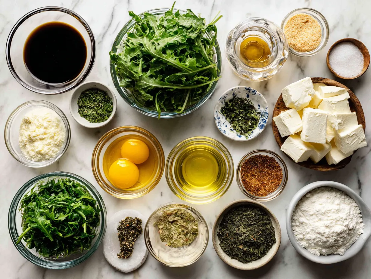 Ingredients for Southern turnip greens recipe, including fresh greens, onion, garlic, broth, ham hock, and spices.