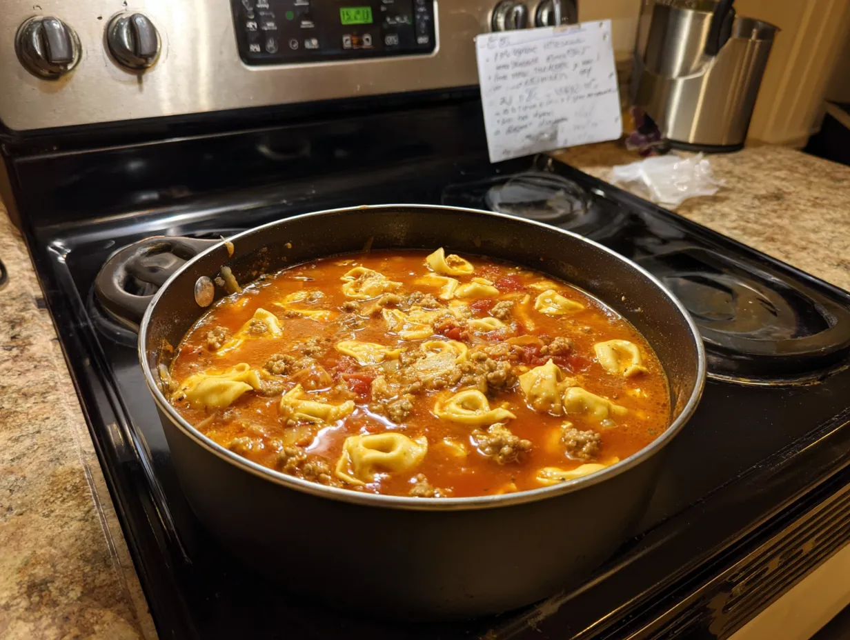 A bowl of homemade Tortellini Soup with Sausage, ready to be served and enjoyed.