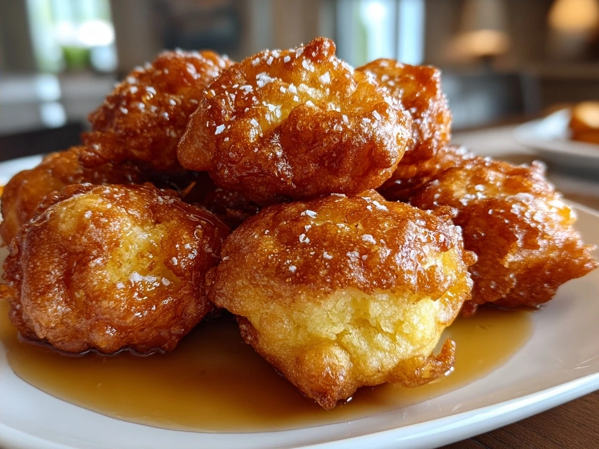 Finished Homemade Buñuelos arranged on a plate, dusted with cinnamon and sugar.