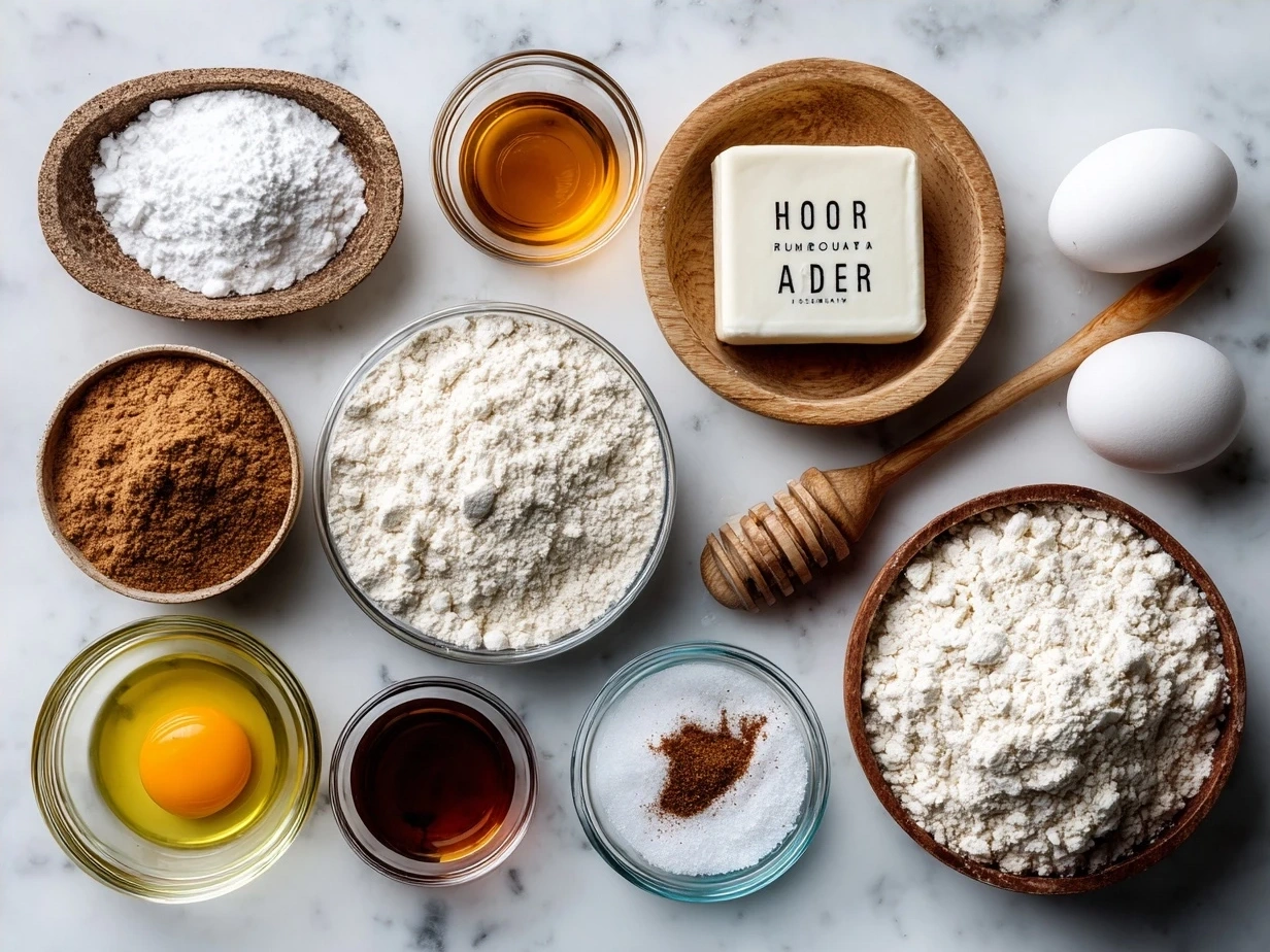 Ingredients for Homemade Buñuelos: flour, baking powder, salt, shortening, warm water, vegetable oil, granulated sugar, and ground cinnamon.