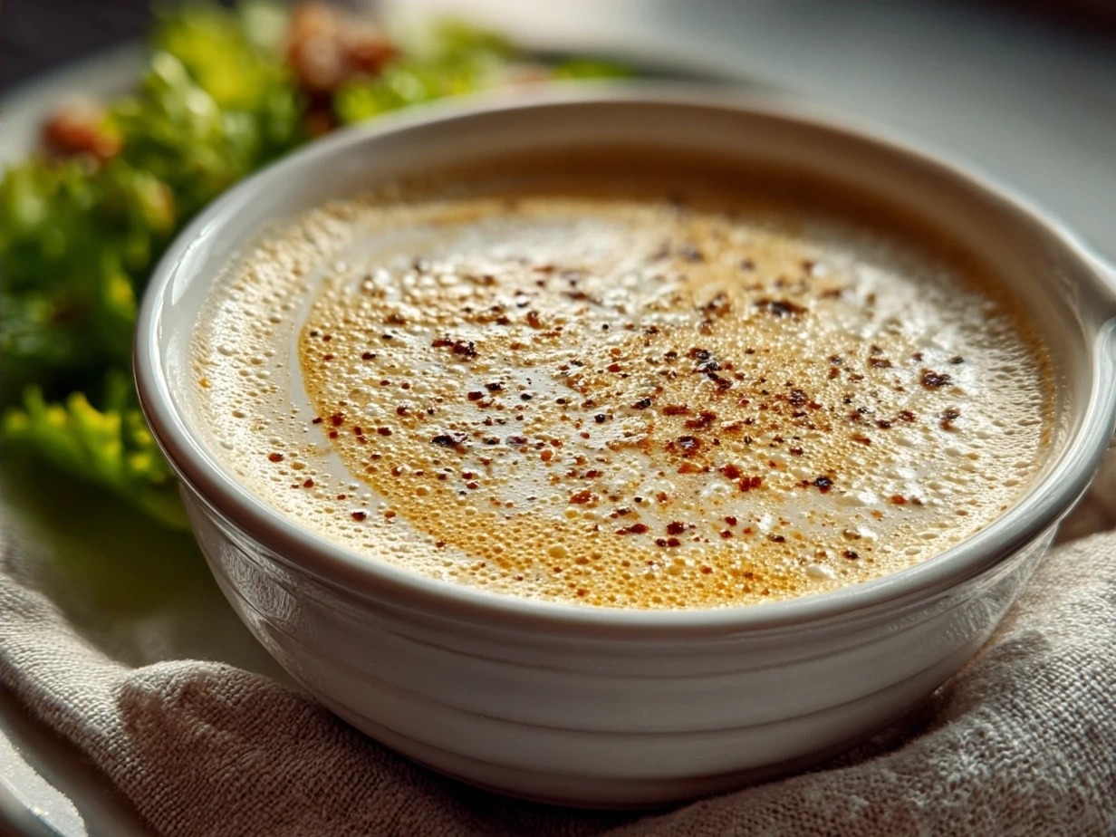 Creamy Homemade Caesar Salad Dressing Recipe drizzled over a fresh salad.