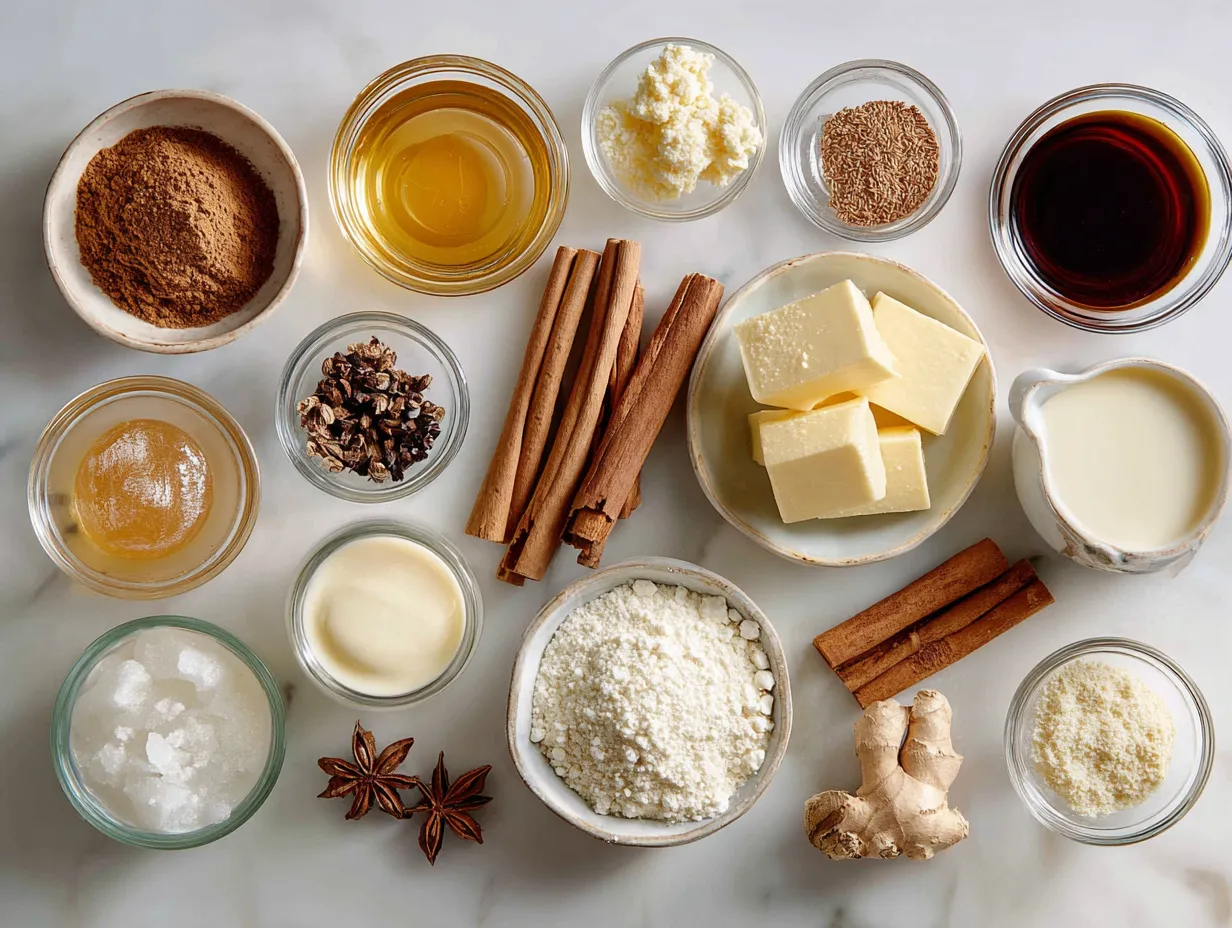 Ingredients for making Hot Buttered Rum, including butter, sugar, spices, and rum.