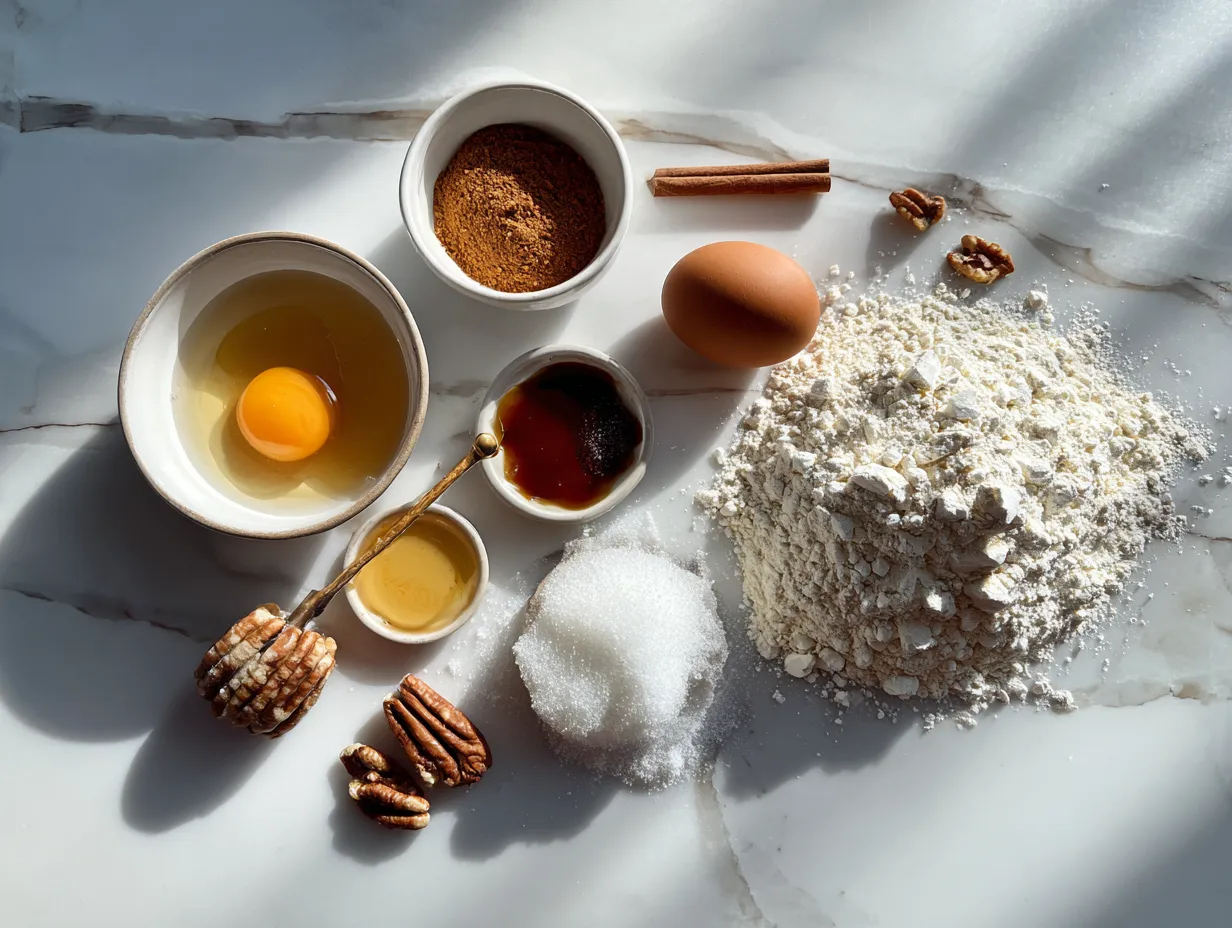 Ingredients for Burnt Honey Pie including honey, eggs, cream, and pie crust arranged on a marble countertop.