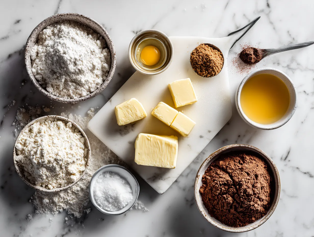Ingredients for making Custard Pie with Praline Sauce including flour, butter, sugar, cream, eggs, and pecans.