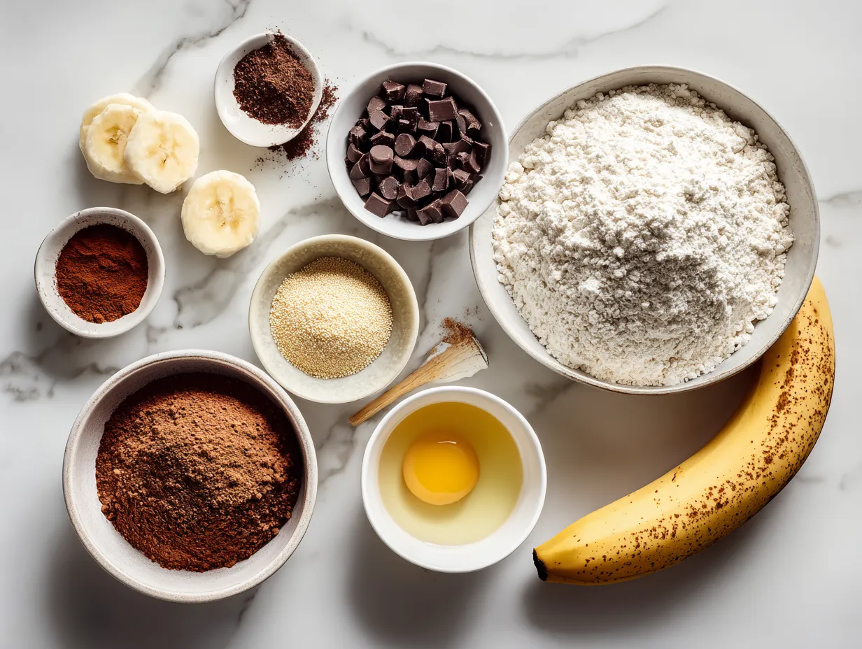 Ingredients for Double Chocolate Banana Bread arranged on a marble surface