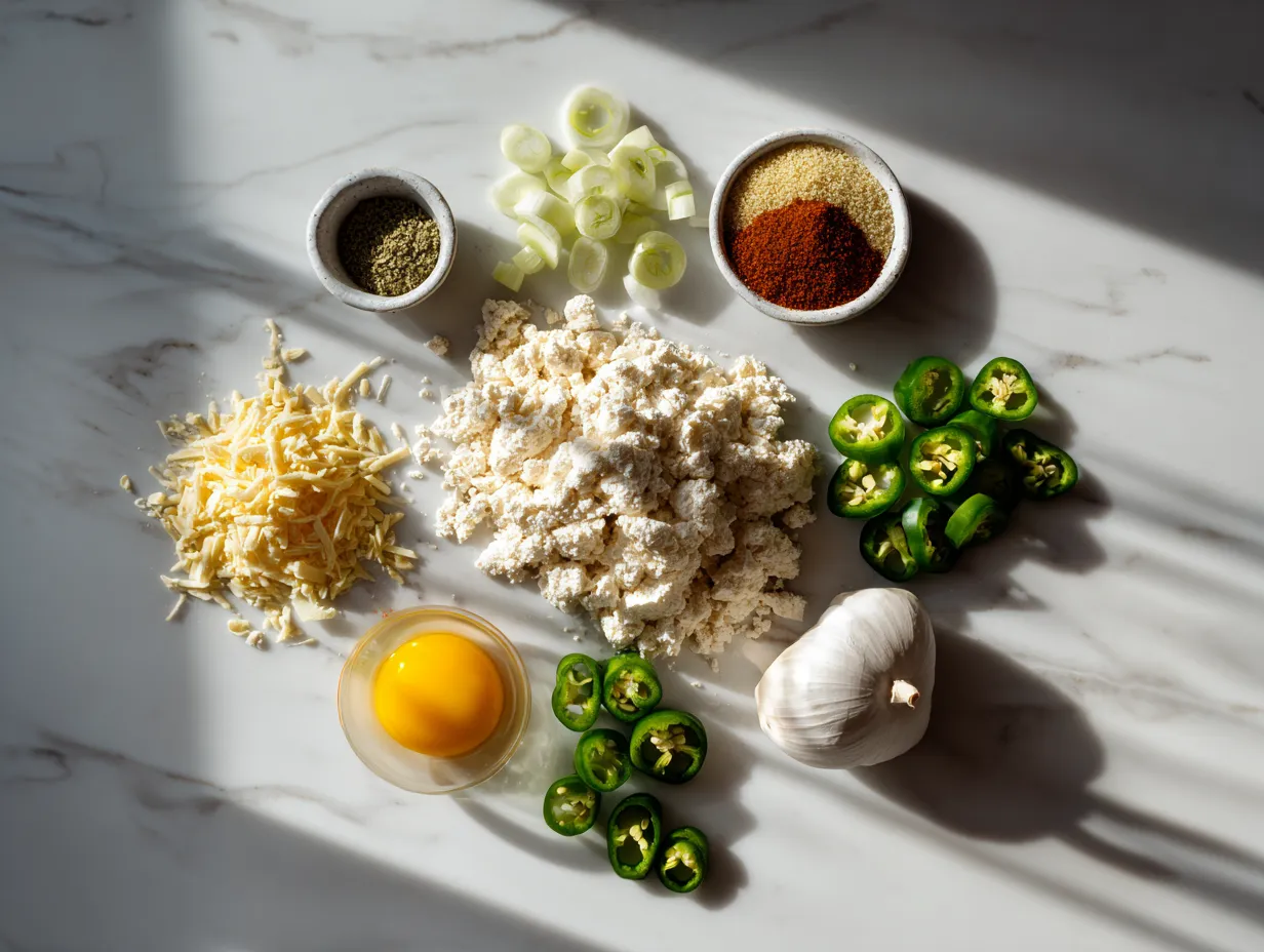 Ingredients for making a Jalapeno Popper Cheese Ball, including cream cheese, cheddar, jalapenos, and bacon.