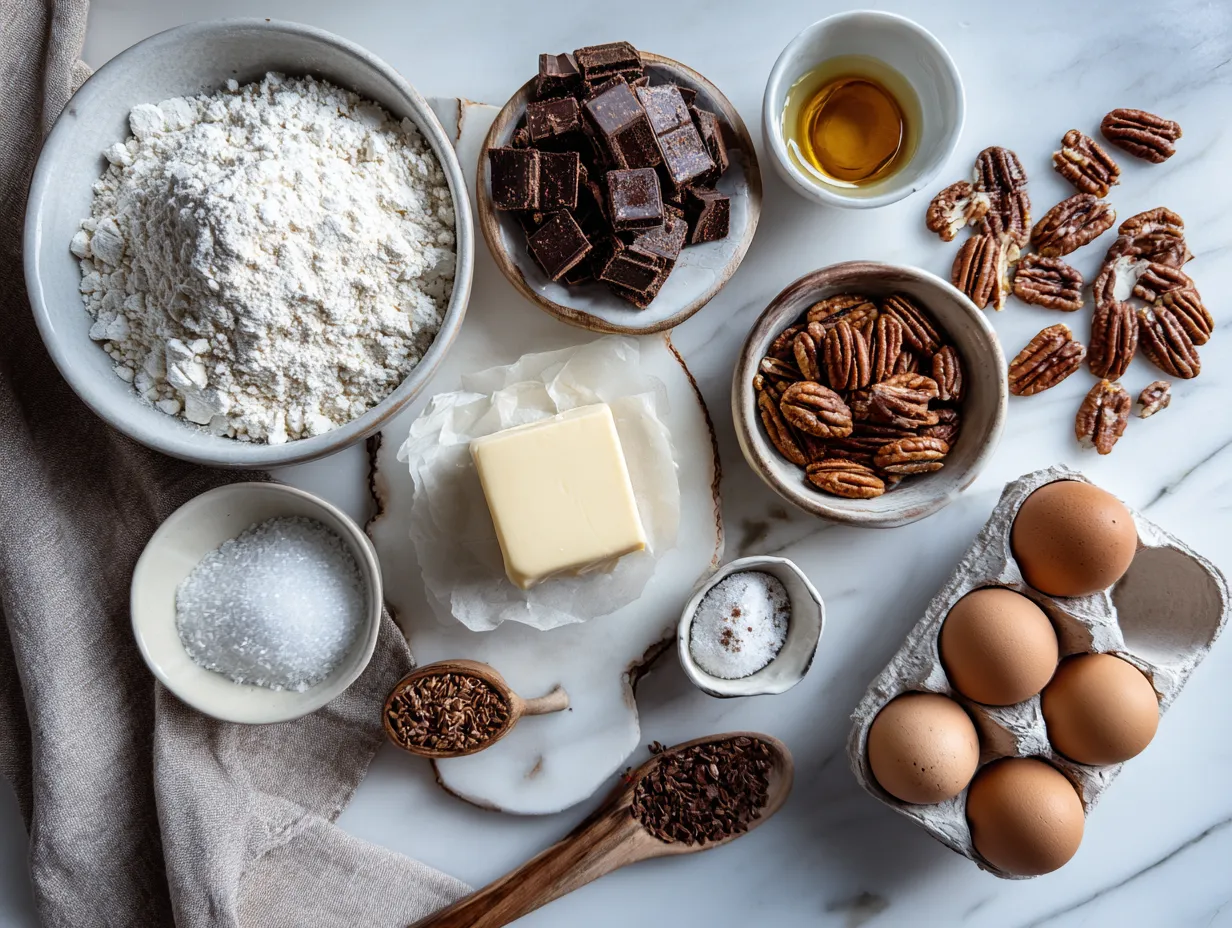 Ingredients for making Texas Chocolate Pecan Pie, including pecans, chocolate chips, sugar, corn syrup, butter, flour, eggs, vanilla extract, salt, and a pie crust.