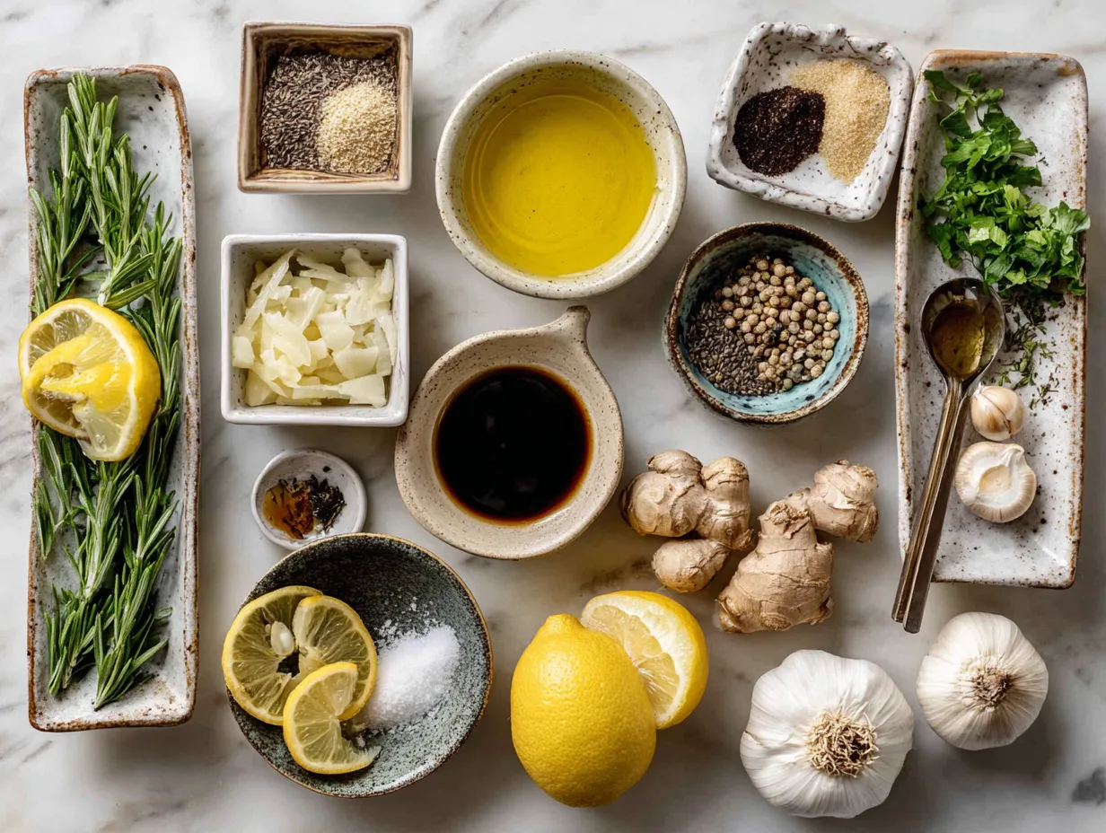 Ingredients for Lemon Vinaigrette Dressing: lemon, olive oil, Dijon mustard, garlic, honey, oregano, salt, and pepper