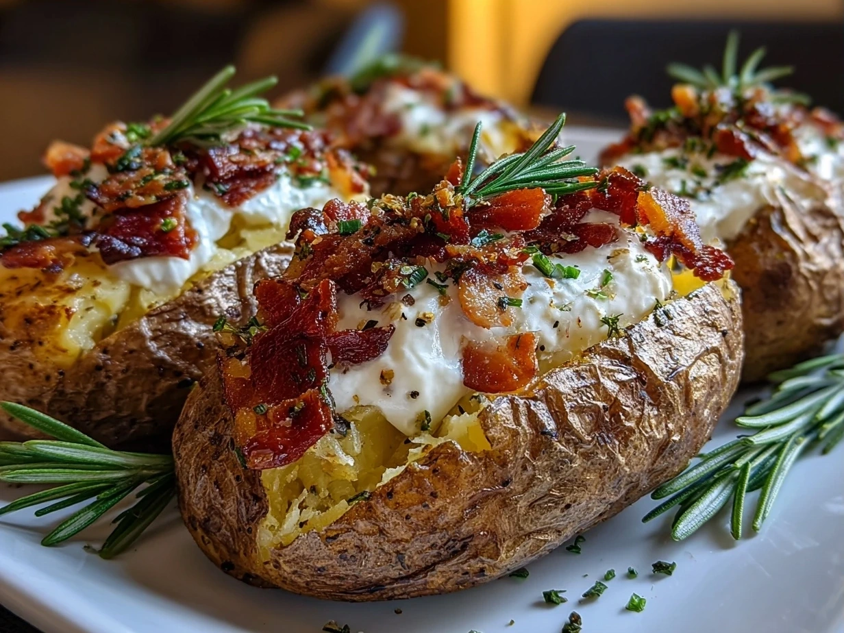 A close-up shot of a fully loaded baked potato, showcasing melted cheese, crispy bacon, green onions, and a dollop of sour cream.