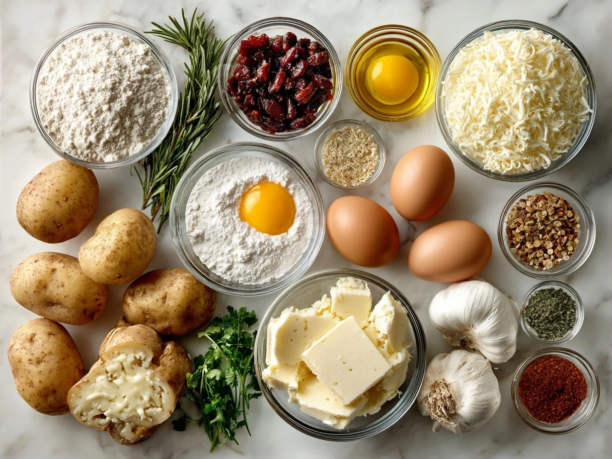 Ingredients for making loaded baked potatoes, including russet potatoes, olive oil, salt, pepper, cheddar cheese, sour cream, bacon, green onions, and butter.