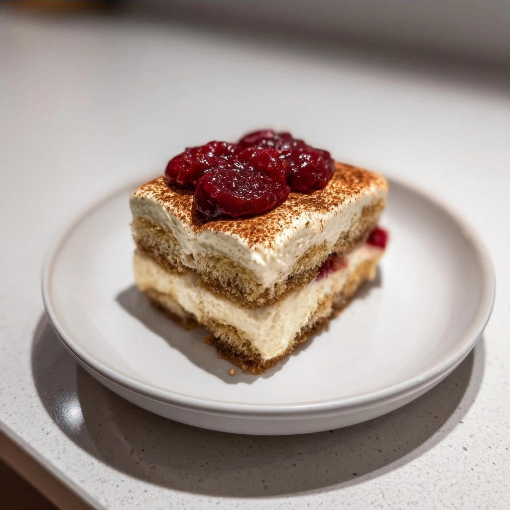 Finished Luxe Cranberry Tiramisu garnished with fresh cranberries and orange zest.