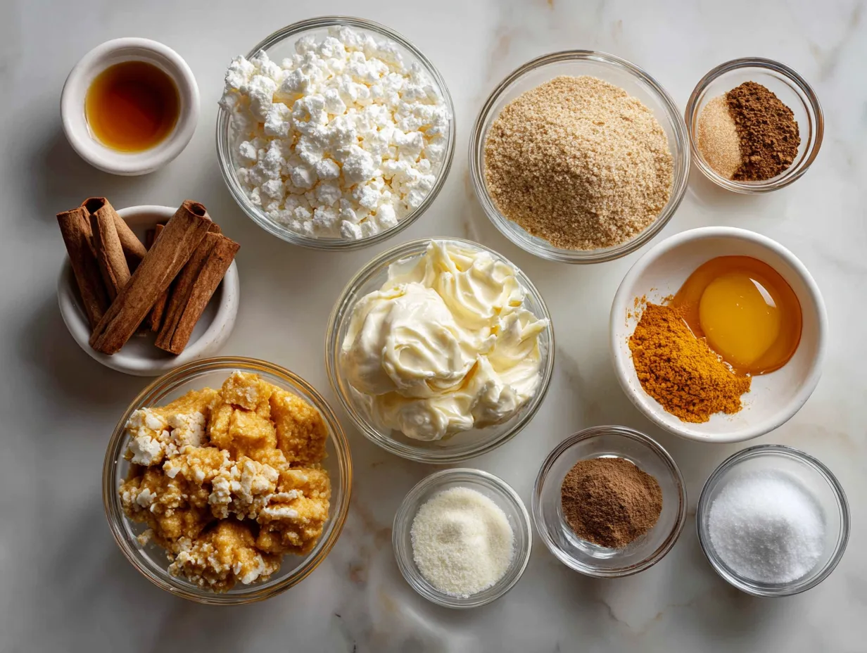 Overhead shot of all ingredients needed to make No-Bake Pumpkin Cheesecake, including graham crackers, pumpkin puree, and spices.