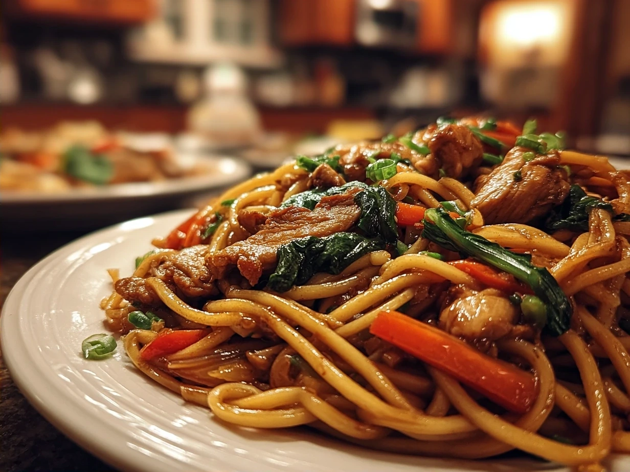 Finished One-Pan Chicken Lo Mein garnished with sesame seeds and green onions