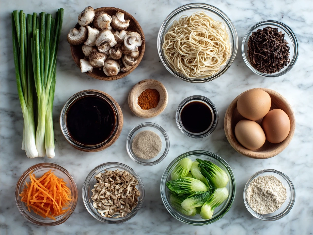 Ingredients for One-Pan Chicken Lo Mein including chicken, vegetables, noodles, and sauces