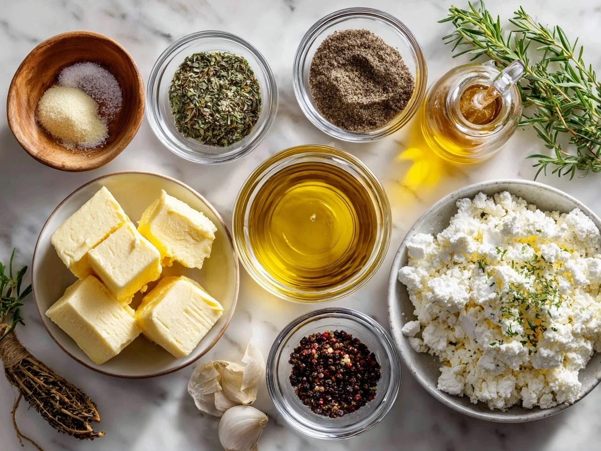 Organized ingredients, including feta, olive oil, garlic, and herbs, for homemade marinated cheese.