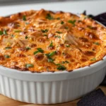 Overhead shot of buffalo chicken dip with chips