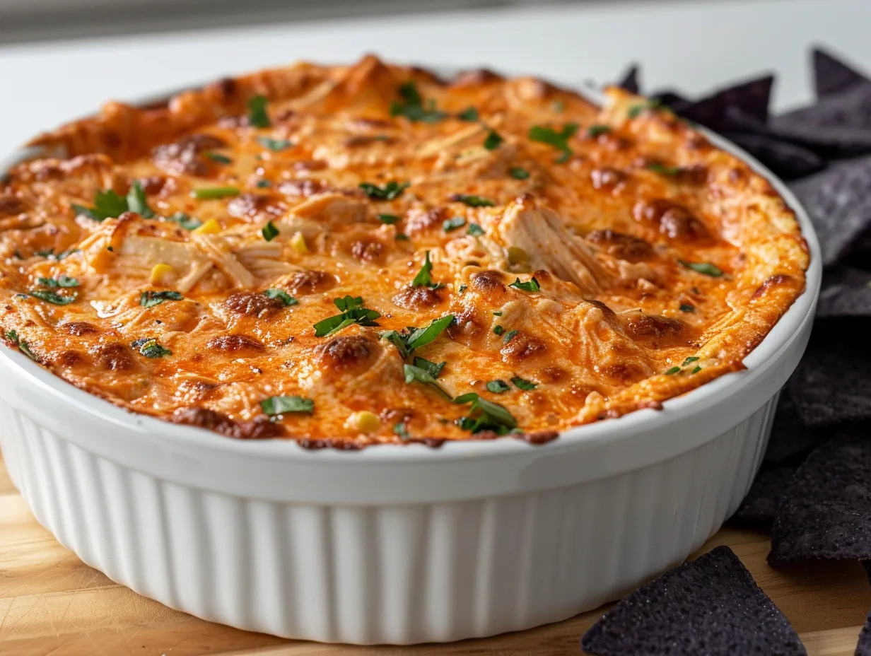 Overhead shot of buffalo chicken dip with chips