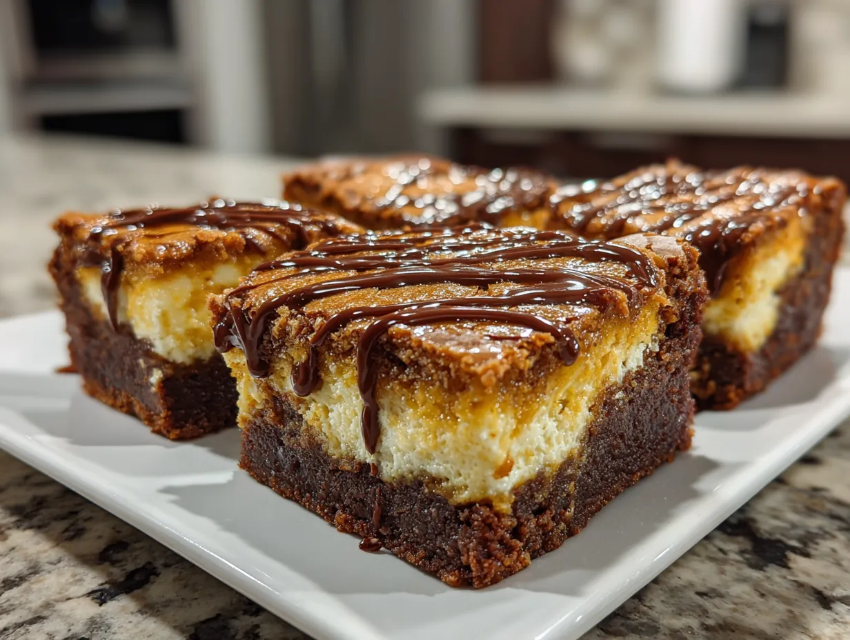 Overhead shot of freshly baked Pumpkin Cheesecake Brownies
