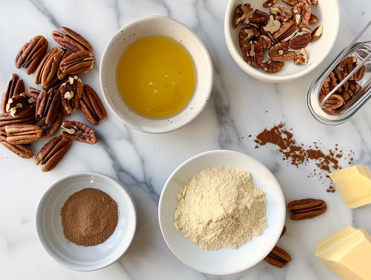 Ingredients for making gooey pecan pie bars, including flour, butter, sugar, pecans, and maple syrup.