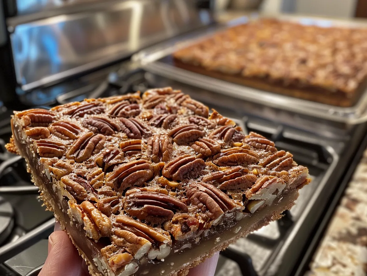 Delicious Pecan Pie Bars plated and ready to be served.