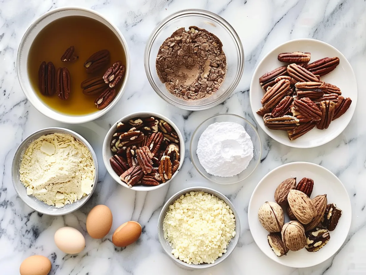 Ingredients for making Pecan Pie Bars: flour, butter, sugar, pecans, eggs, and vanilla extract.