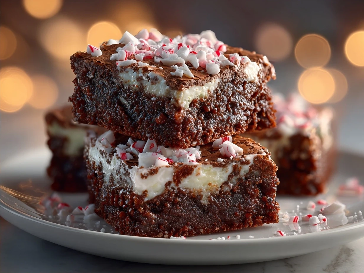 Finished peppermint bark brownies cut into squares and arranged on a plate.