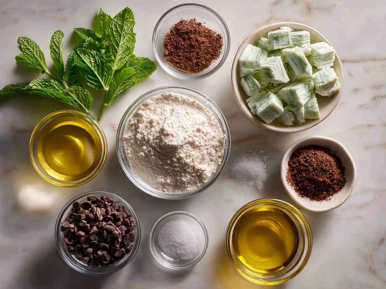 Ingredients for Peppermint Meltaway Cookies including butter, sugar, peppermint candies, and extracts