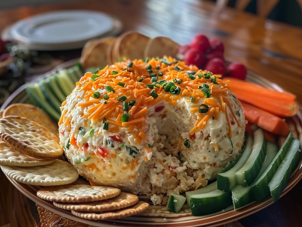 Perfectly shaped cheddar ranch cheeseball surrounded by crackers