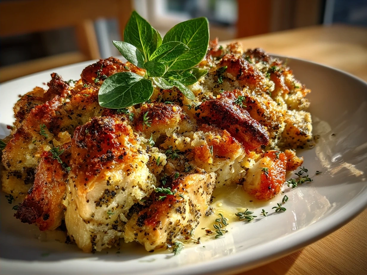 A freshly baked poppy seed chicken casserole with a golden brown, bubbly topping.