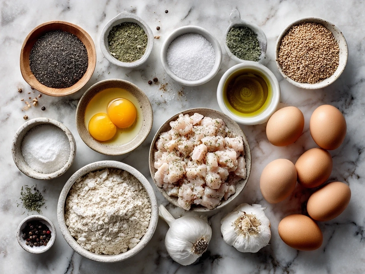All the ingredients needed to make poppy seed chicken casserole, including chicken, soup, sour cream, mayonnaise and spices.